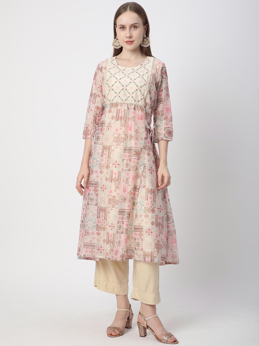 

R&B Floral Embroidered Tie-Ups Thread Work Chanderi Anarkali Kurta, White