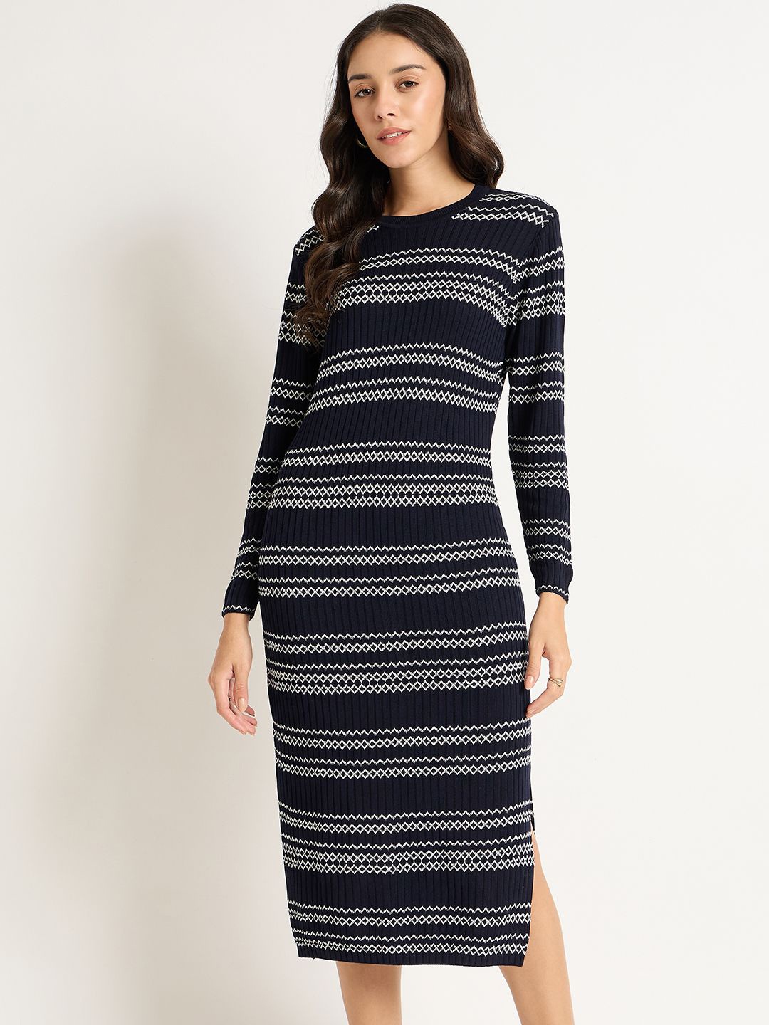 

FEMMELLA Women Striped Bodycon Midi Dress, Navy blue