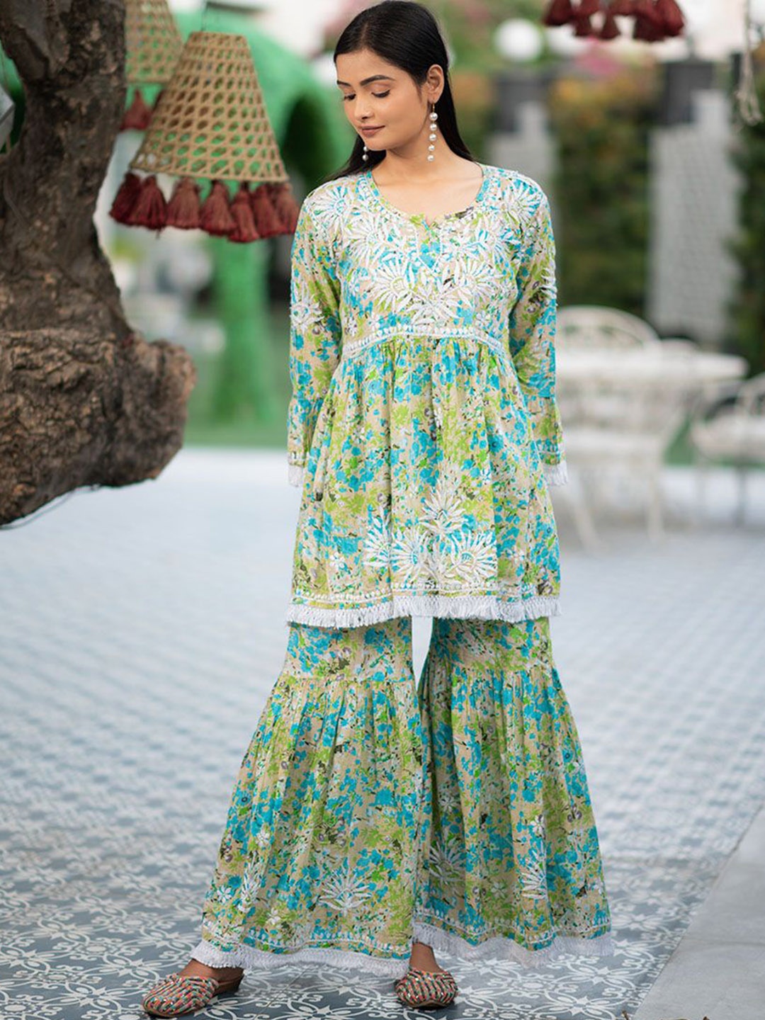 

Rangreza Ethnic Floral Printed Thread Work Pure Cotton Anarkali Kurta With Sharara, Green