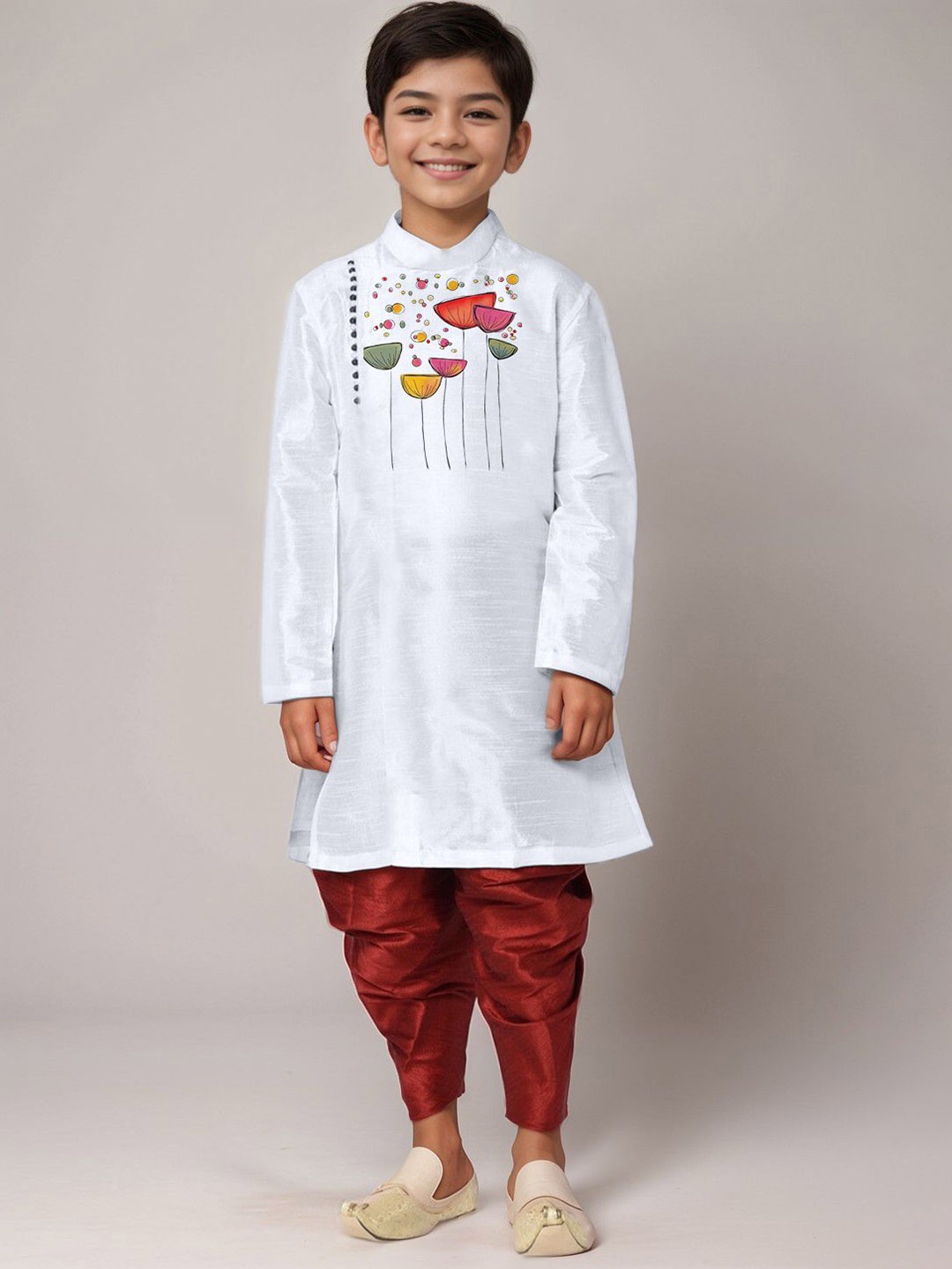 

DEVOILER Boys Floral Printed Straight Kurta, White