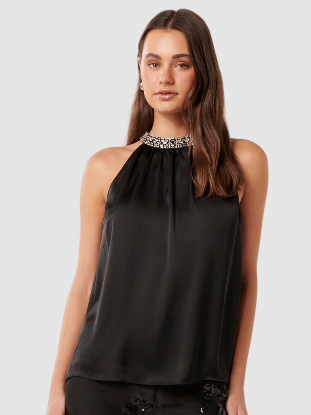 

Forever New Women Embellished Halter Neck Sleeveless Top, Black