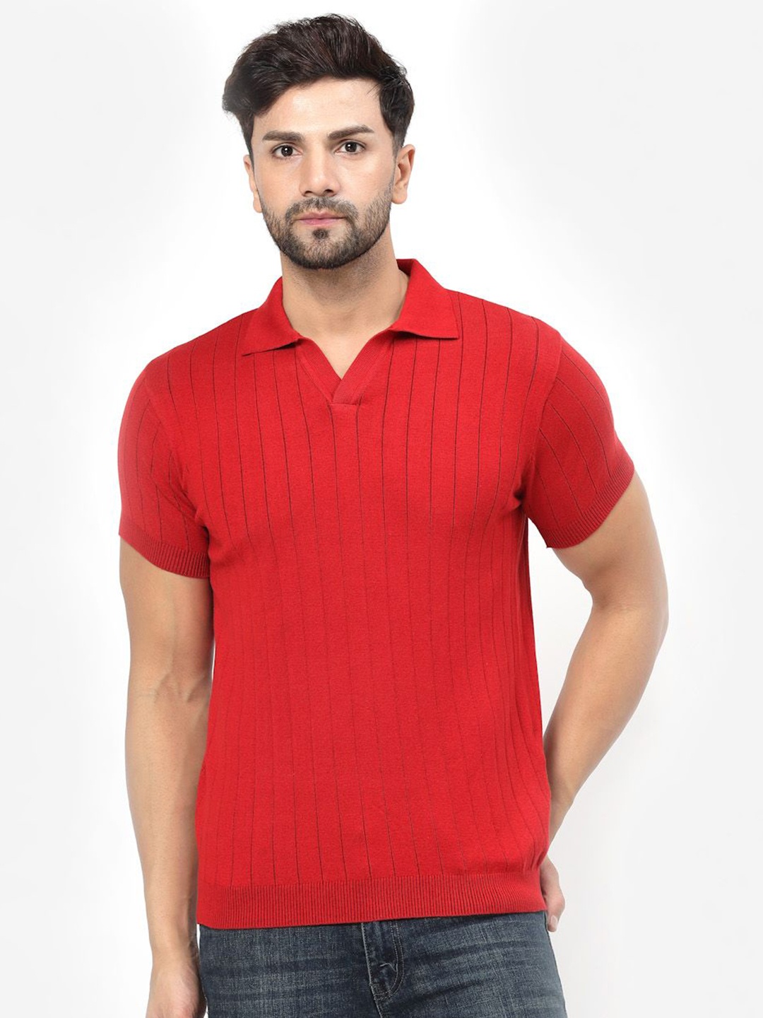 

Kalt Men Textured Knit Polo Collar T-Shirt, Red