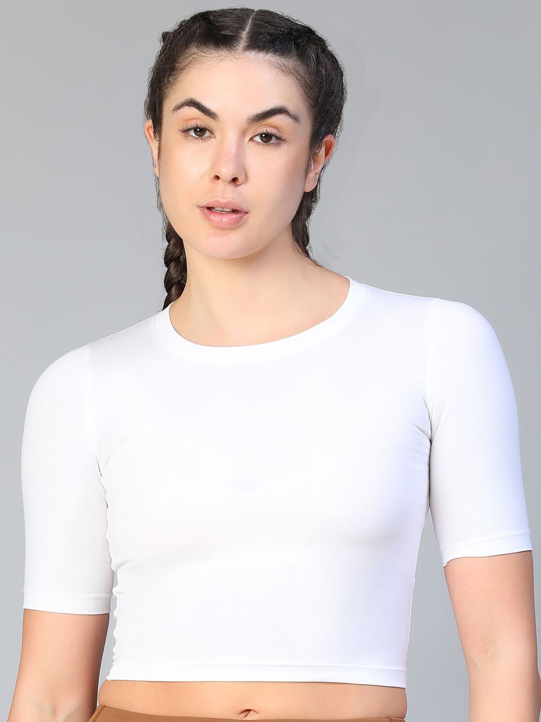 

ATHLISIS Women Round Neck Cotton Crop Top, White