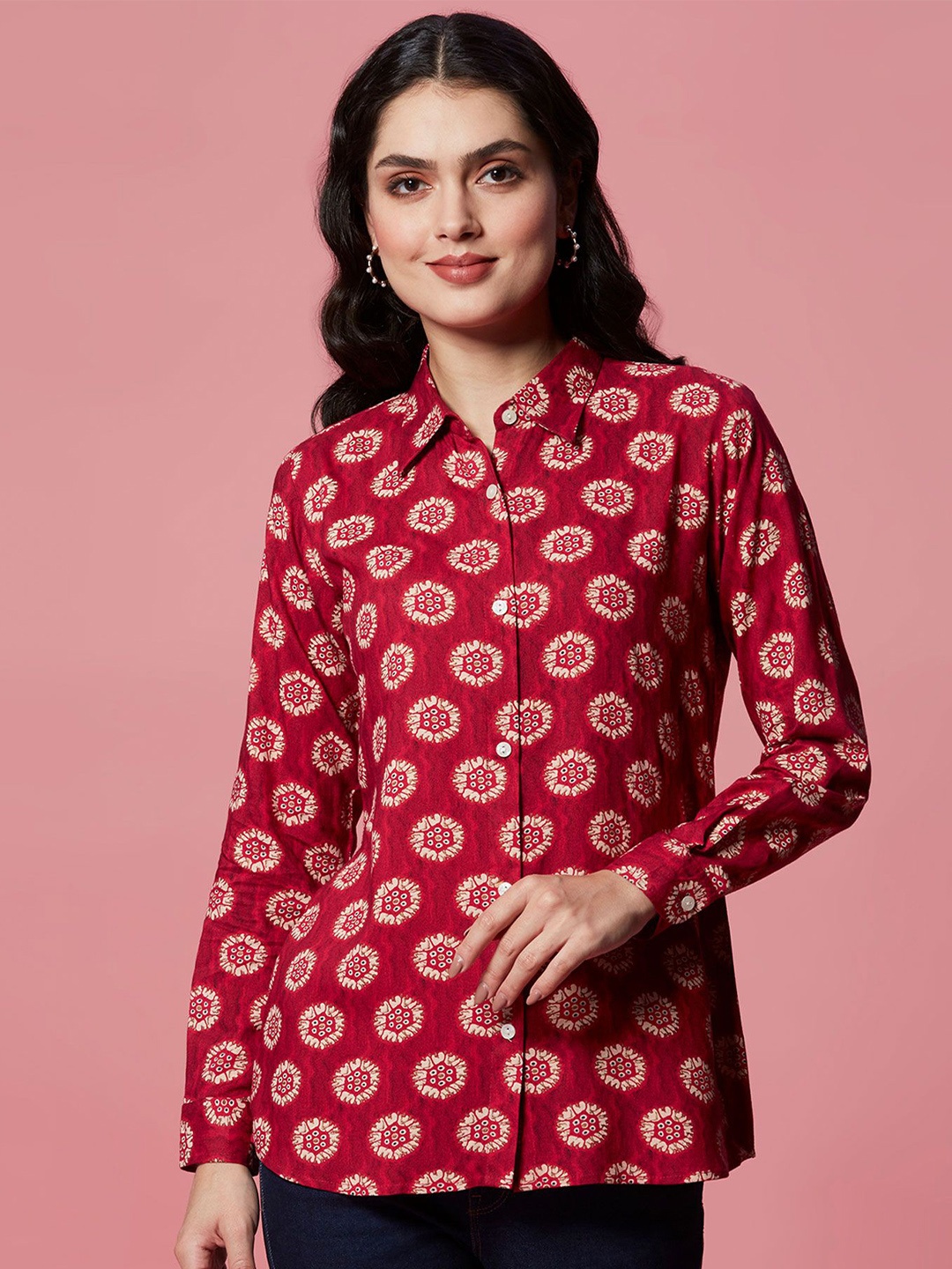 

Peachmode Women Floral Print Pure Cotton Shirt Style Top, Pink