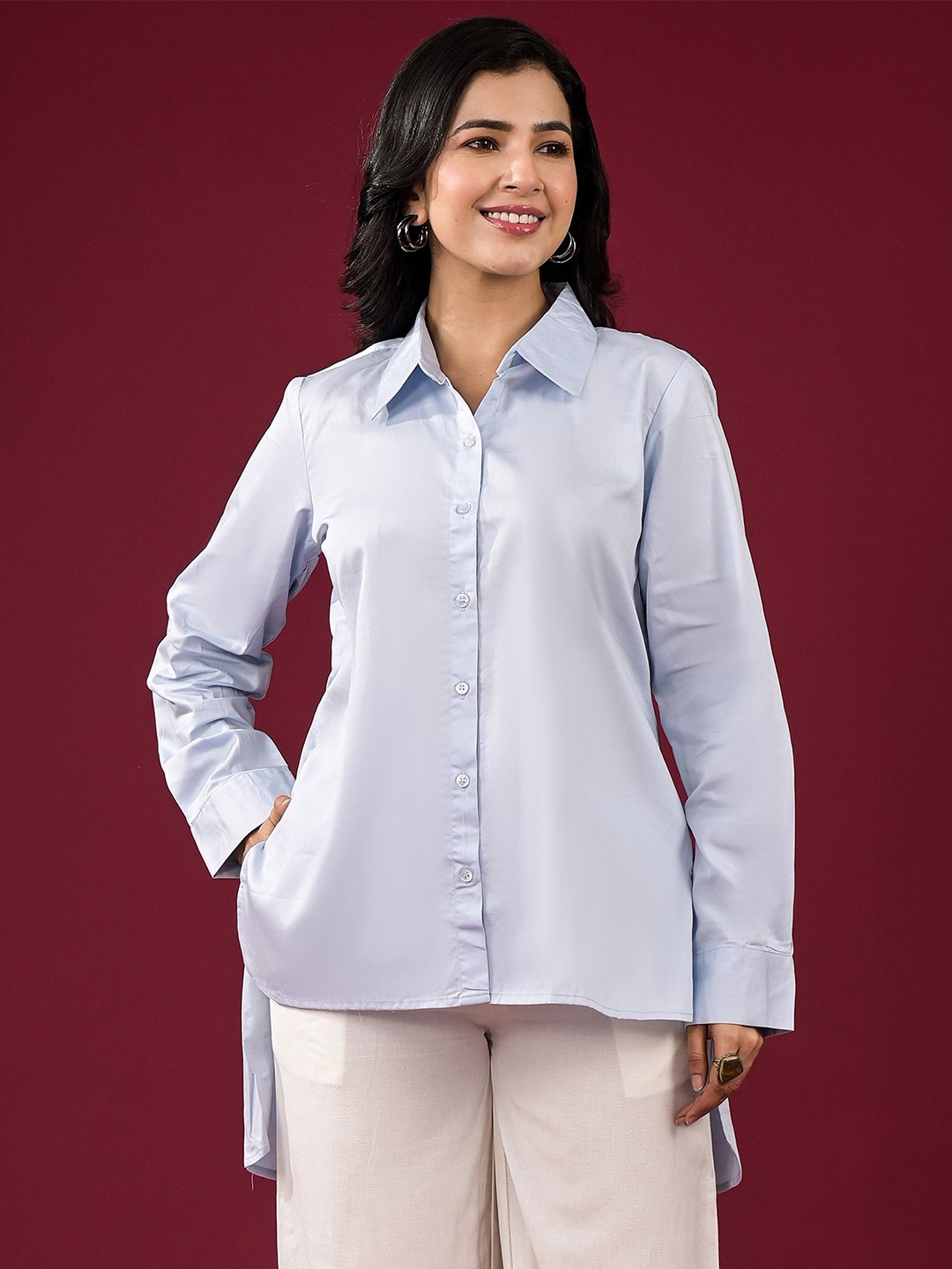 

Peachmode Women Satin Long Sleeves Shirt Style Casual Top, Blue