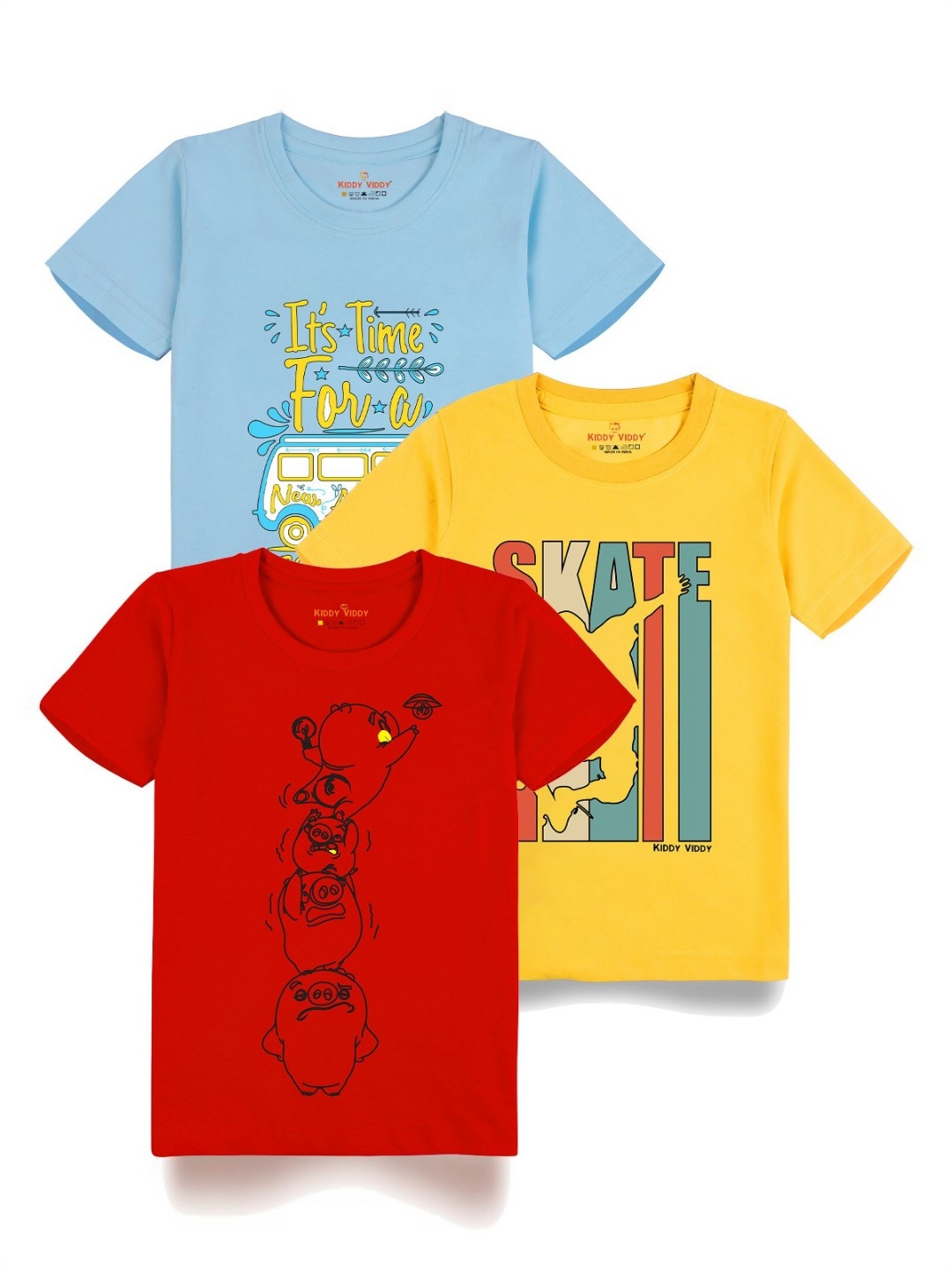 

Kiddy Viddy Boys Pack Of 3 Typography Printed Round Neck Cotton T-shirts, Red