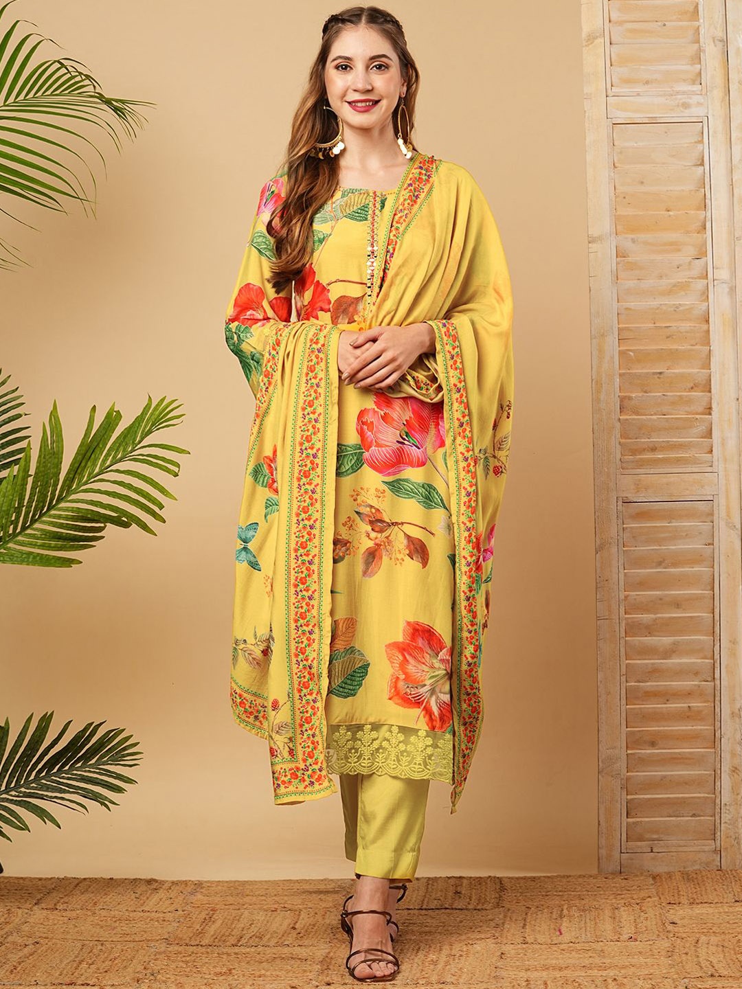 

FASHOR Yellow Floral Printed Mirror Work Straight Kurta with Trouser & Dupatta