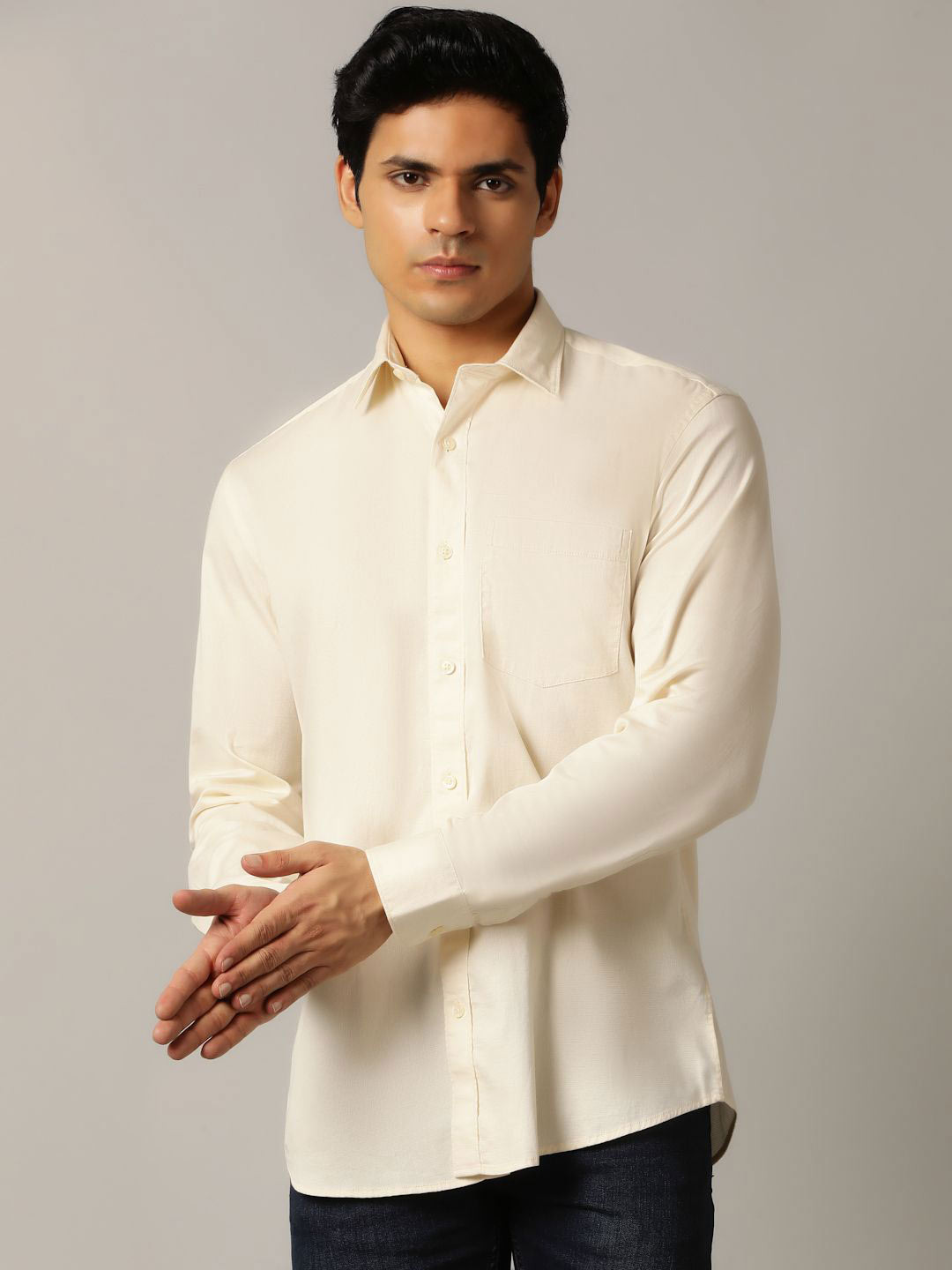

JADE BLUE Men Spread Collar Solid Cotton Casual Shirt, Cream