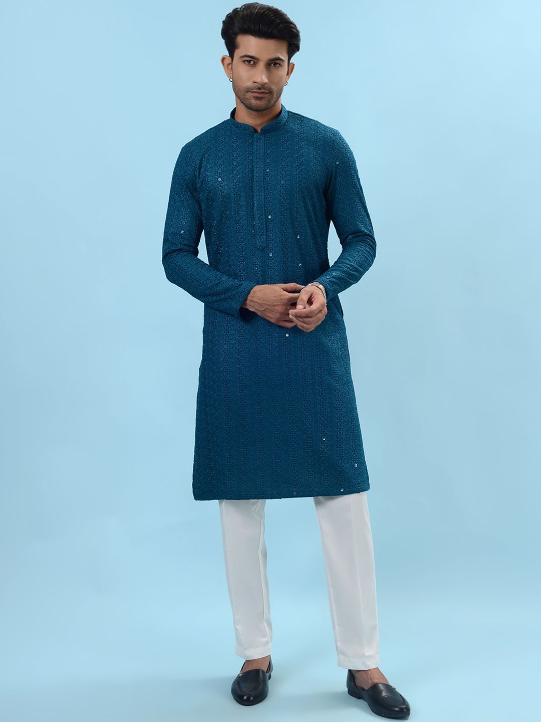 

azania Floral Embroidered Kurta With Pyjamas, Blue