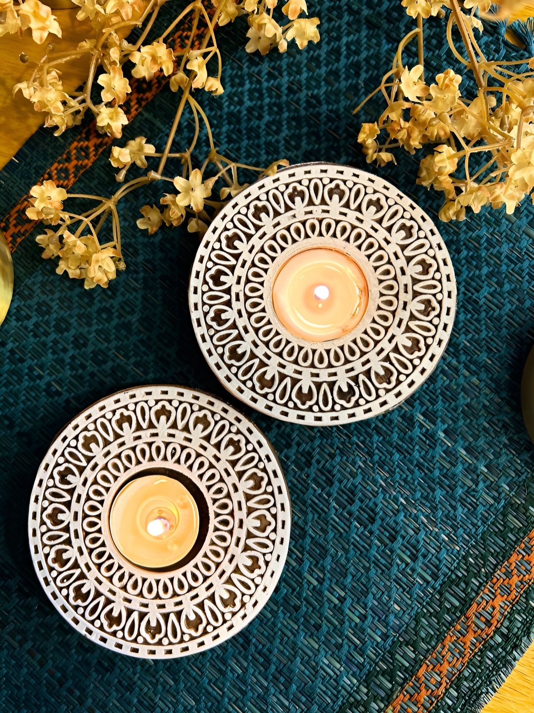 

Peepul Tree Brown & White 2 Pieces Textured Wooden Round Candle Holders