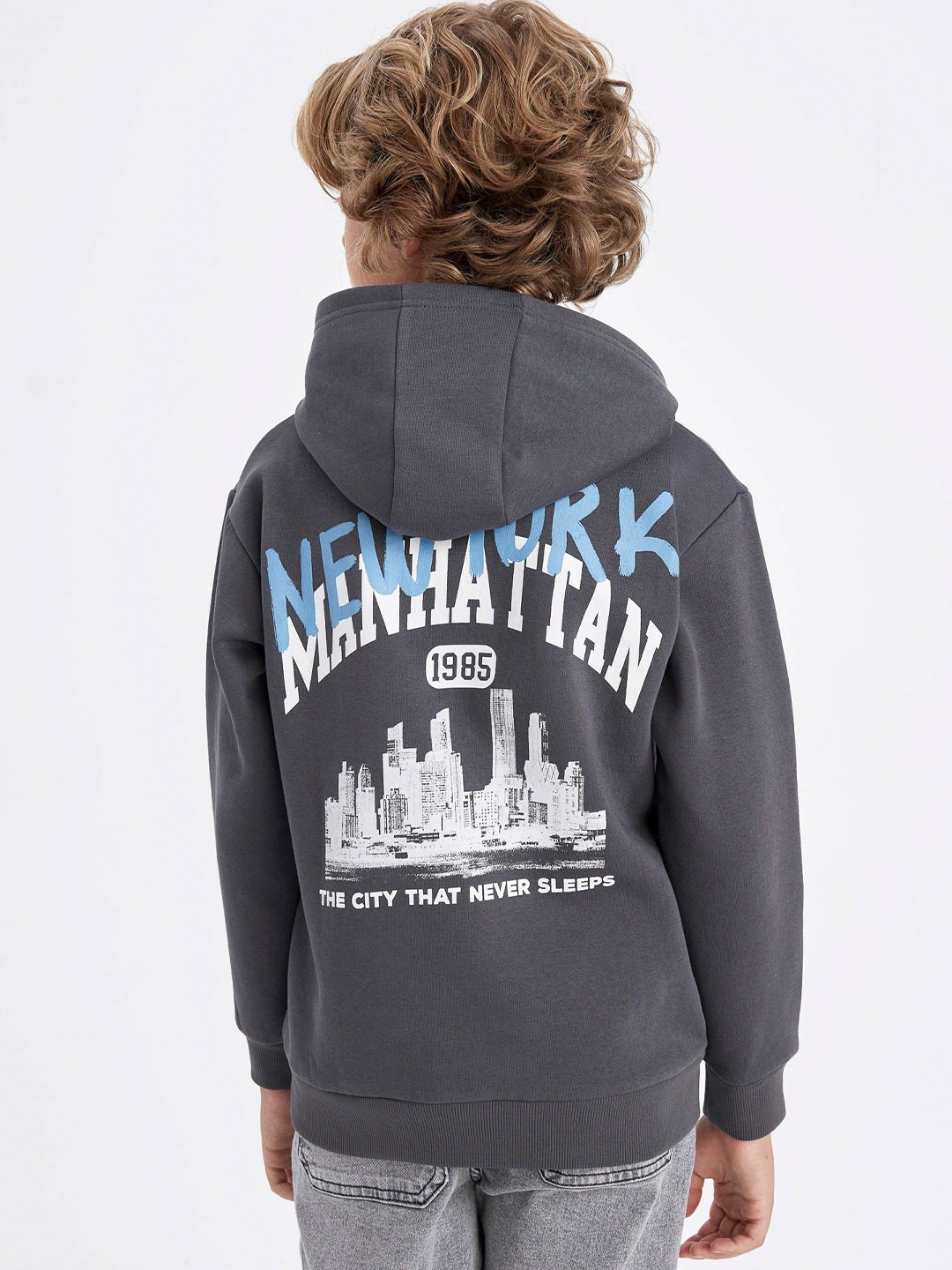 

DeFacto Boys Printed Hooded Pullover Sweater, Grey