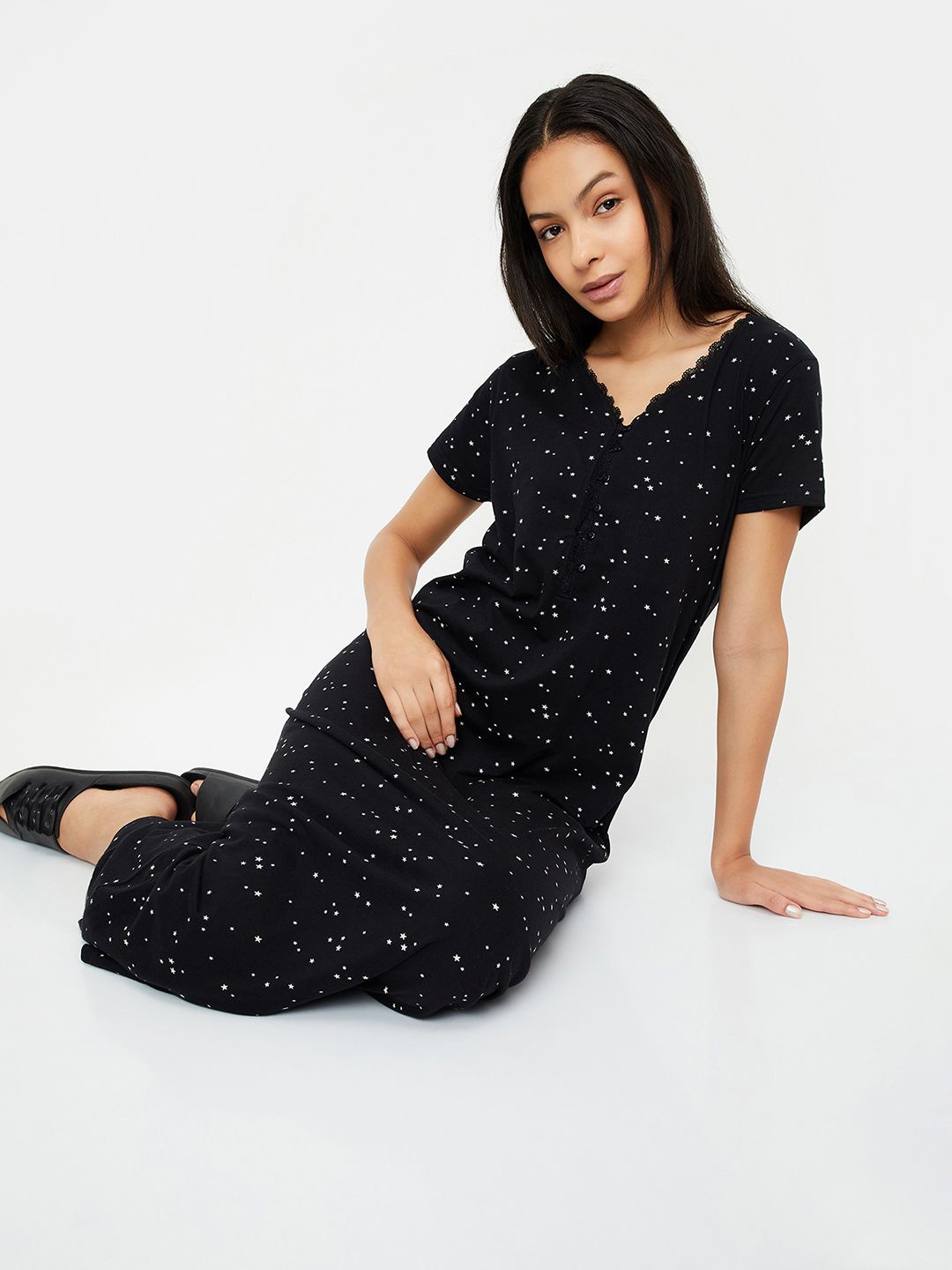 

max Women Pure Cotton Printed V-Neck Short Sleeves Maxi Nightdress, Black