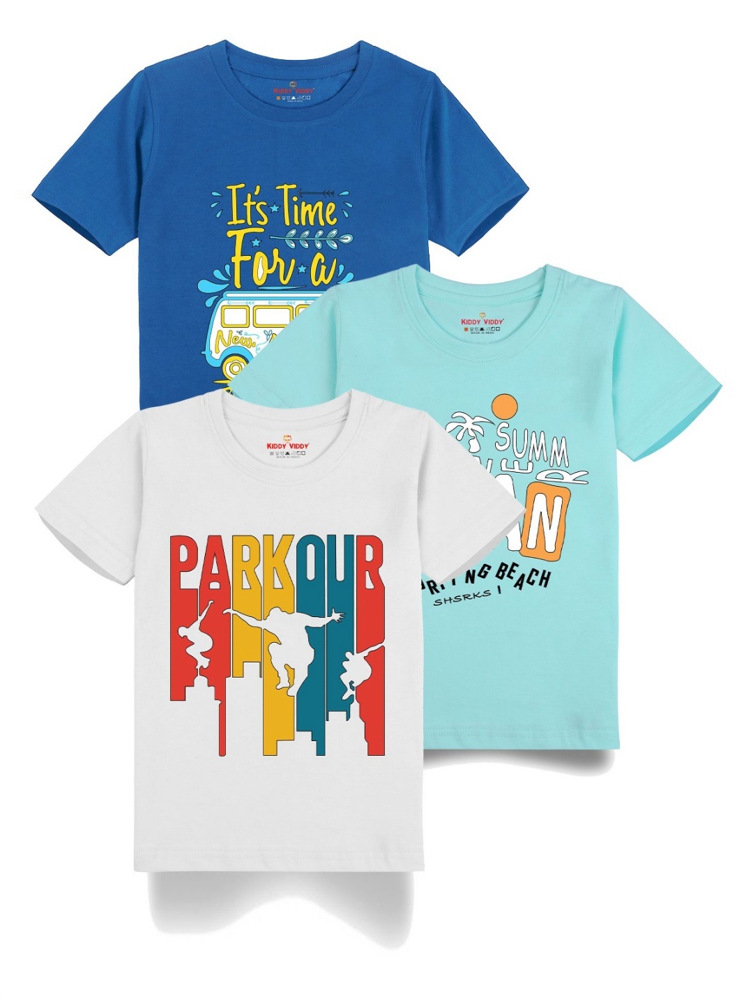 

Kiddy Viddy Boys Pack Of 3 Typography Printed Round Neck Cotton T-shirts, Sea green