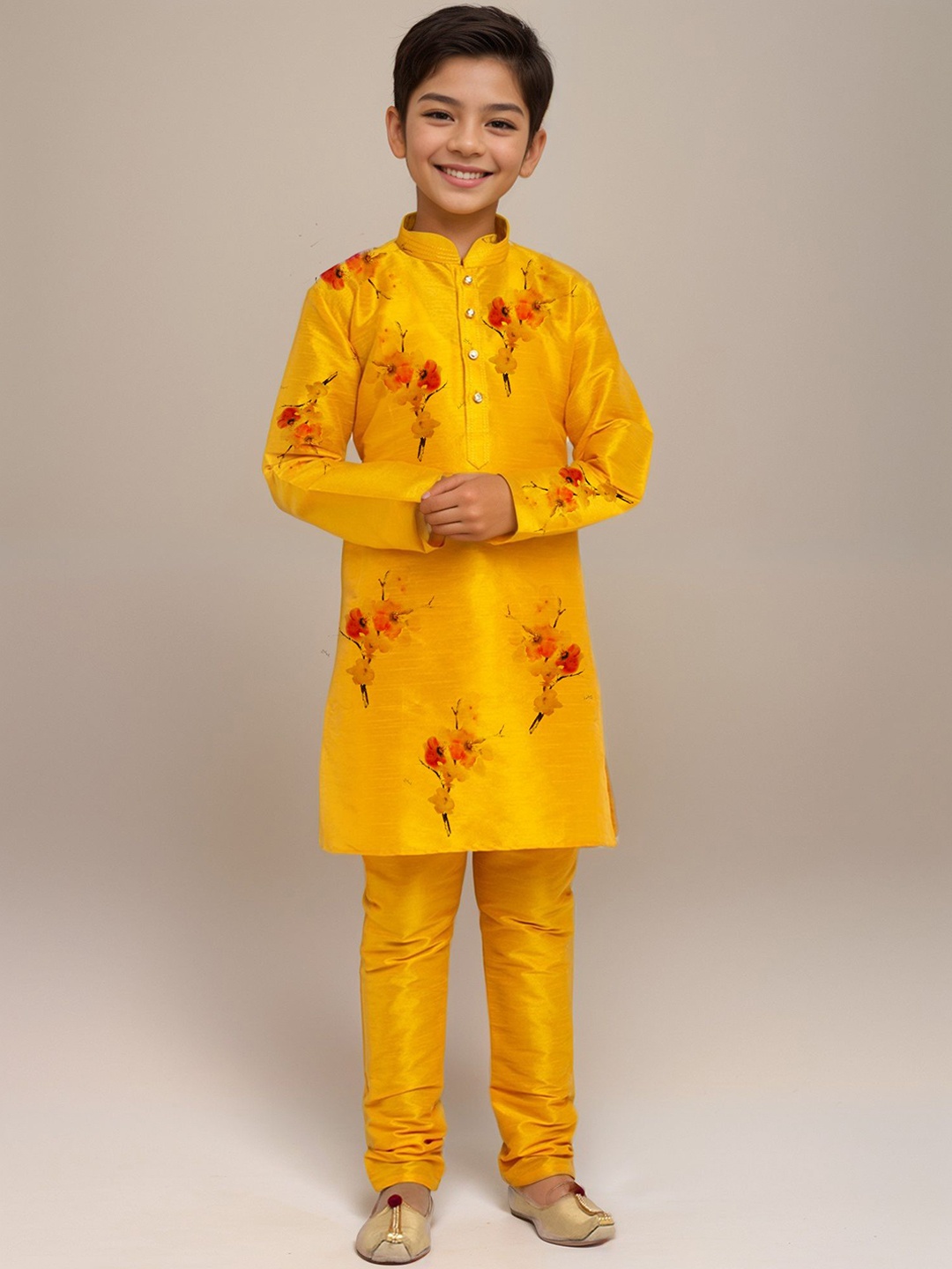 

DEVOILER Boys Floral Printed Mandarin Collar Straight Kurta, Mustard