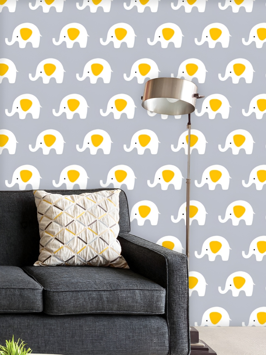 

ArtzFolio Printed UV-Resistant Anti-Bacterial Gray Yellow Elephants Peel & Stick Wallpaper, Multi