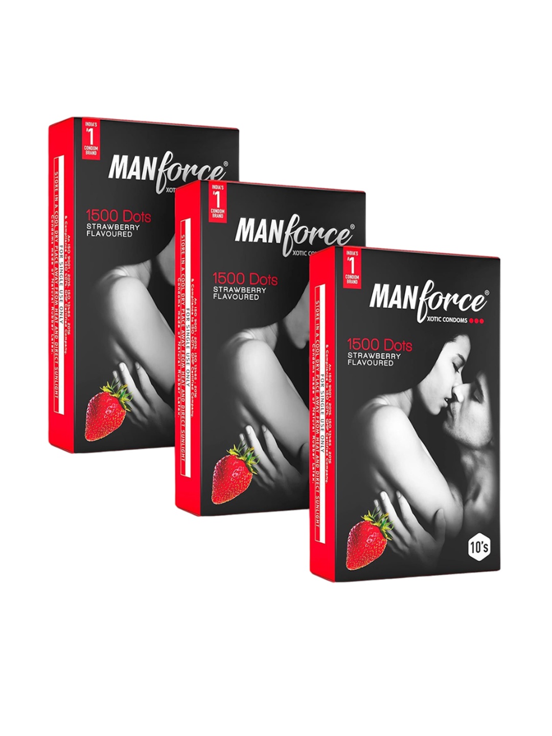 

Manforce Set Of 3 Strawberry Flavored Condoms - 10 Each, Black