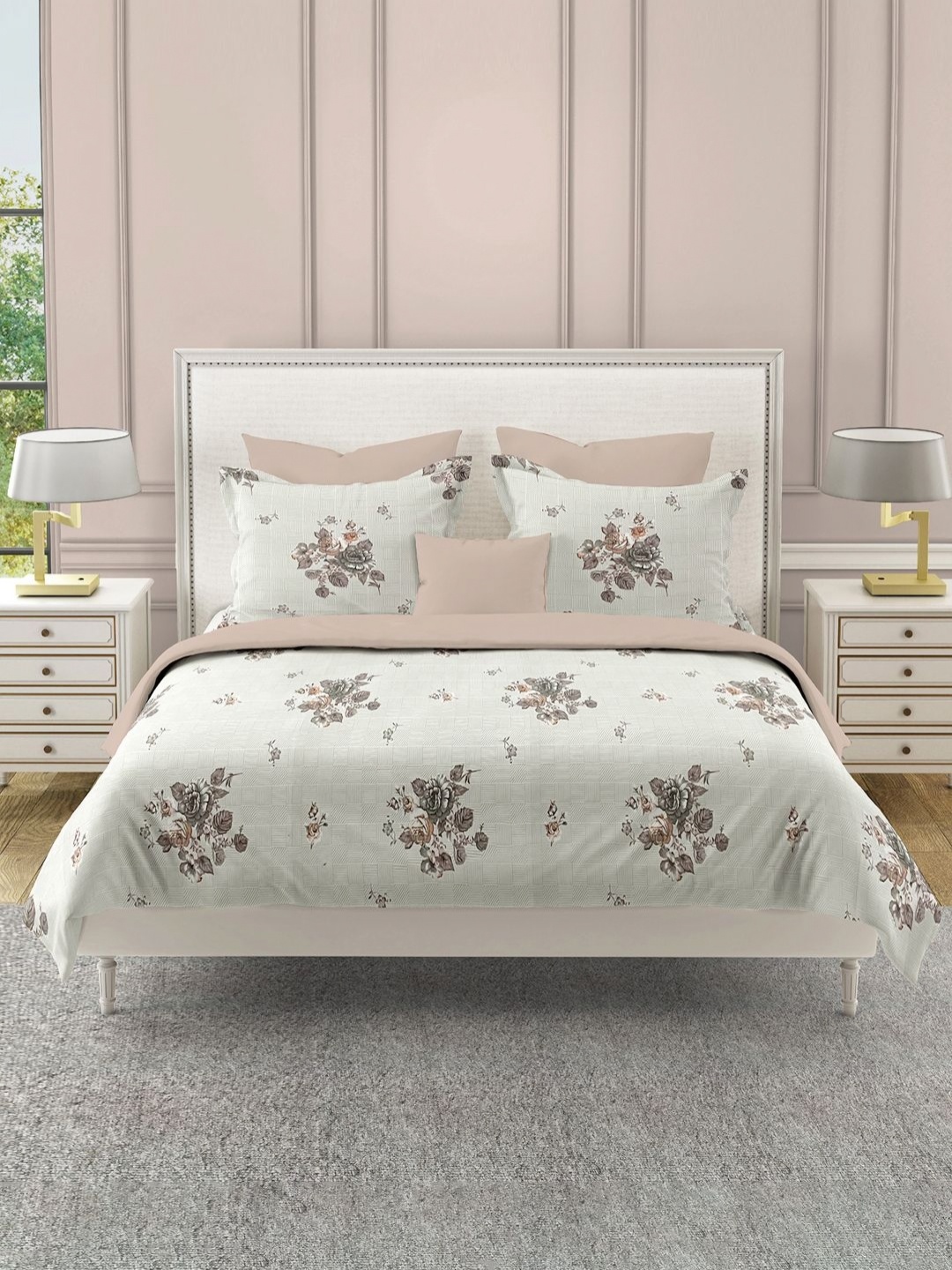 

SWAYAM Ananda Grey & Brown Floral 210 TC Pure Cotton King Bedsheet Set- 2.28 m x 2.73 m