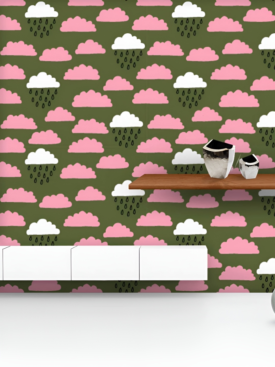 

ArtzFolio Printed UV-Resistant Anti-Bacterial Hand-Drawn Clouds & Raindrops Peel & Stick Wallpaper, Multi