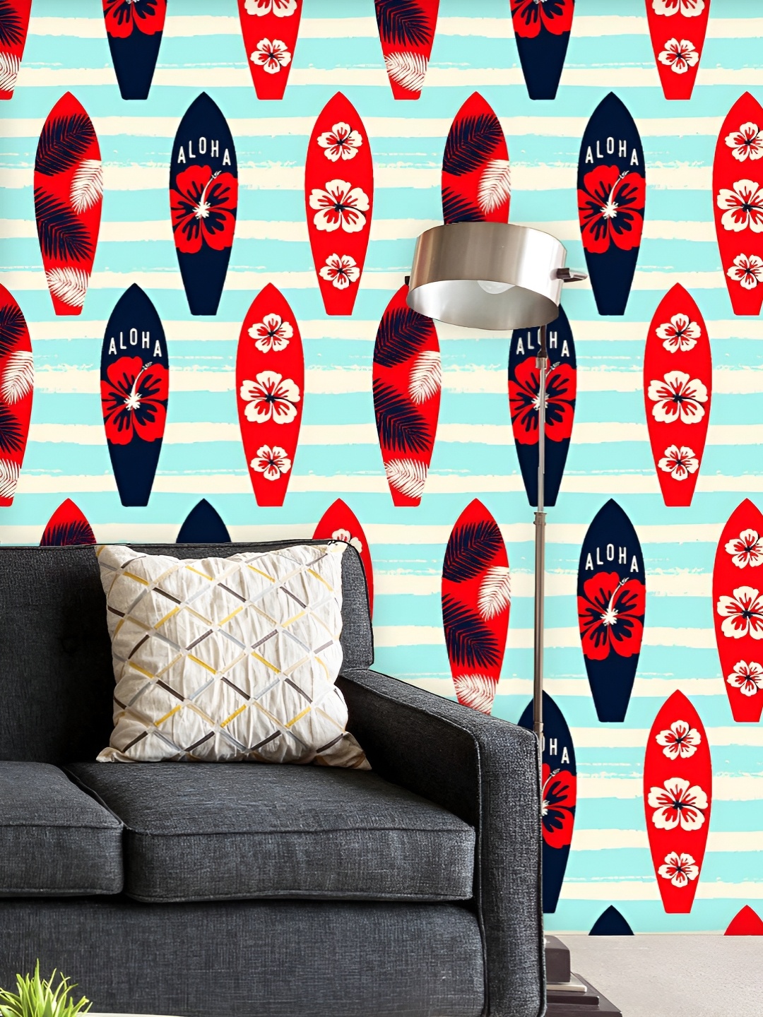 

ArtzFolio Printed UV-Resistant Anti-Bacterial Surf Boats On Striped Brush Strokes Peel & Stick Wallpaper, Multi