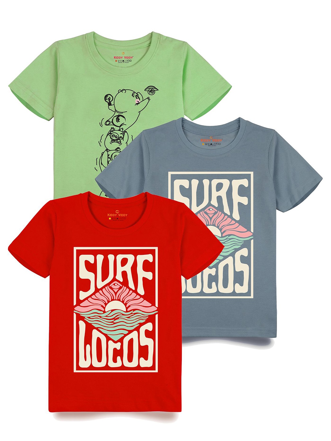 

Kiddy Viddy Boys Pack Of 3 Typography Printed Round Neck Cotton T-shirts, Red