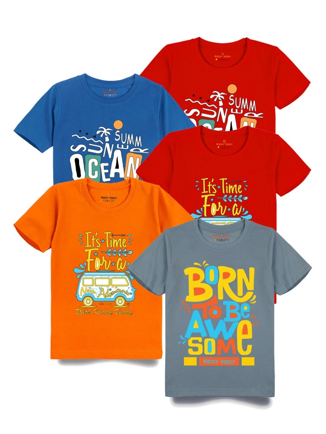 

Kiddy Viddy Boys Pack Of 5 Typography Printed Round Neck Cotton T-shirts, Orange