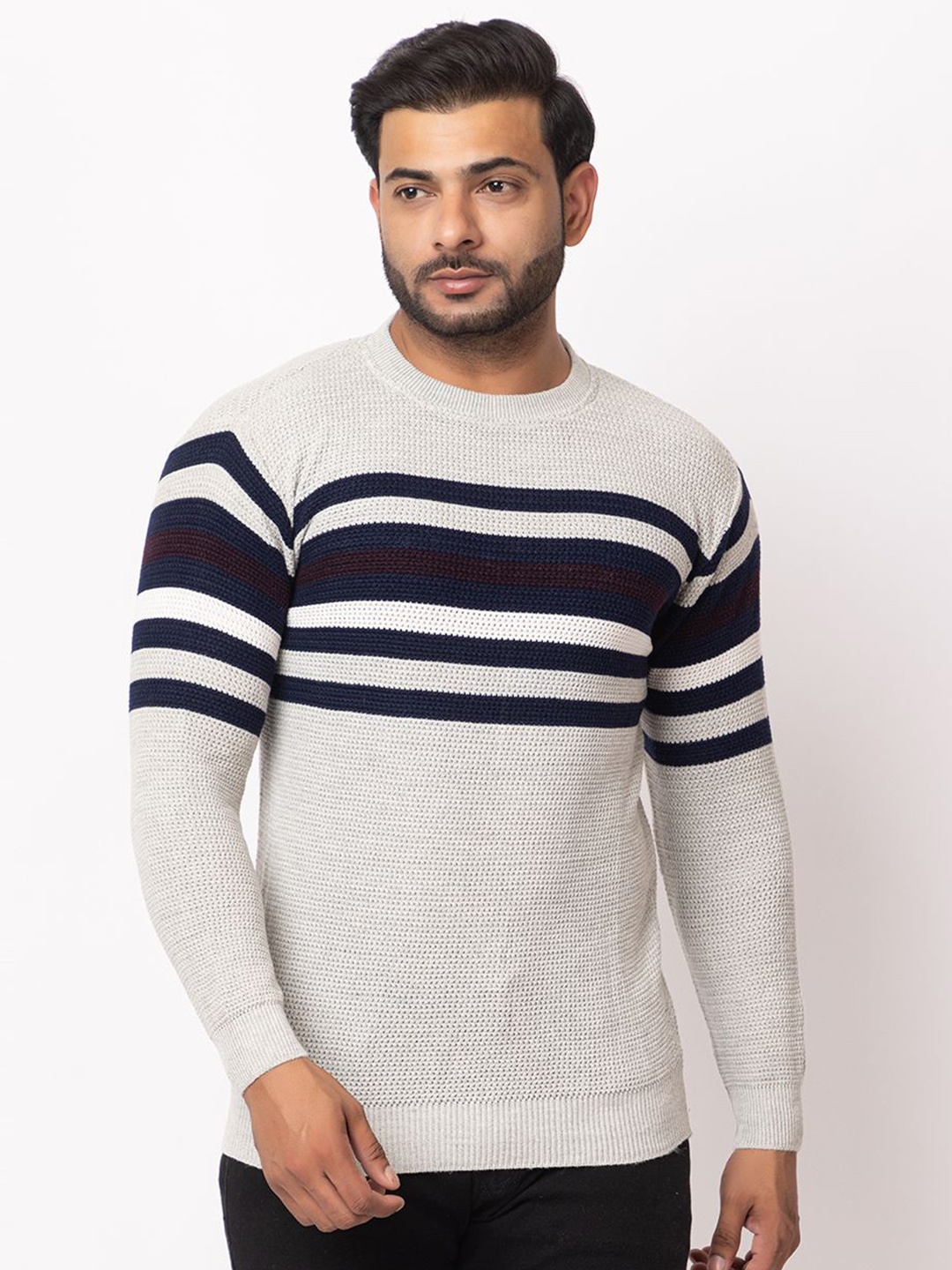 

LO G LO Men Round Neck Long Sleeves Striped Pullover, Grey melange