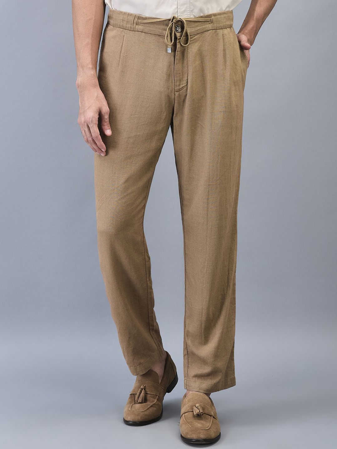 

Woodland Men Cotton Solid Casual Trousers, Camel brown