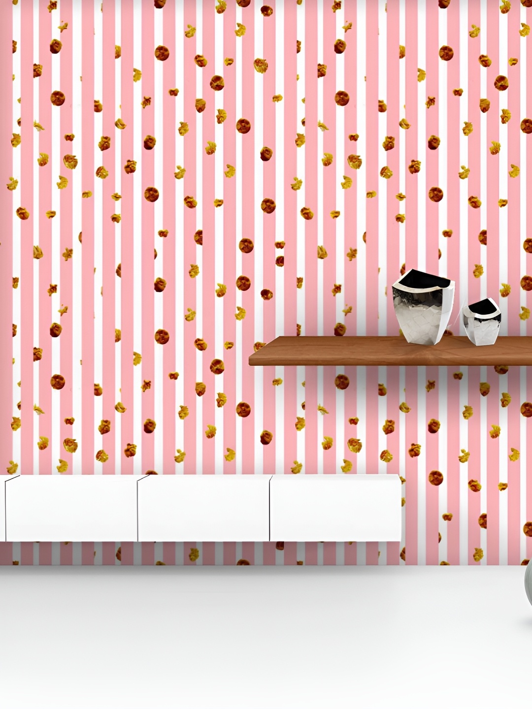 

ArtzFolio Printed UV-Resistant Anti-Bacterial Pink Stripes Gold Dots Peel & Stick Wallpaper, Multi