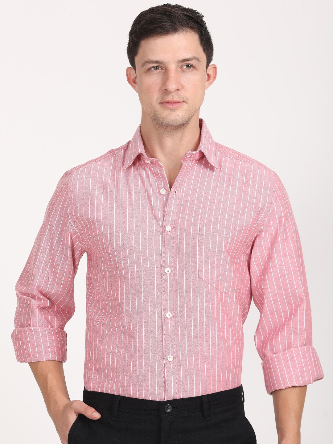 

Copperline Men Comfort Spread Collar Vertical Striped Cotton Formal Shirt, Pink