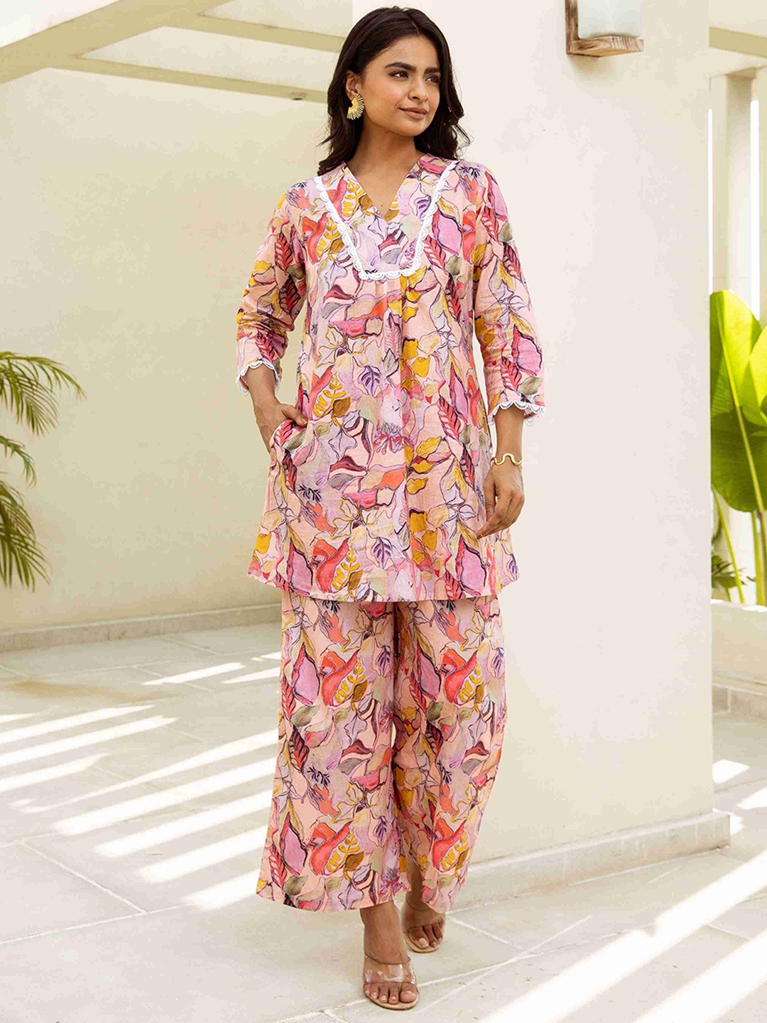 

HUKUM Floral Printed V-Neck Three-Quarter Sleeves Pure Cotton Top With Palazzo, Pink