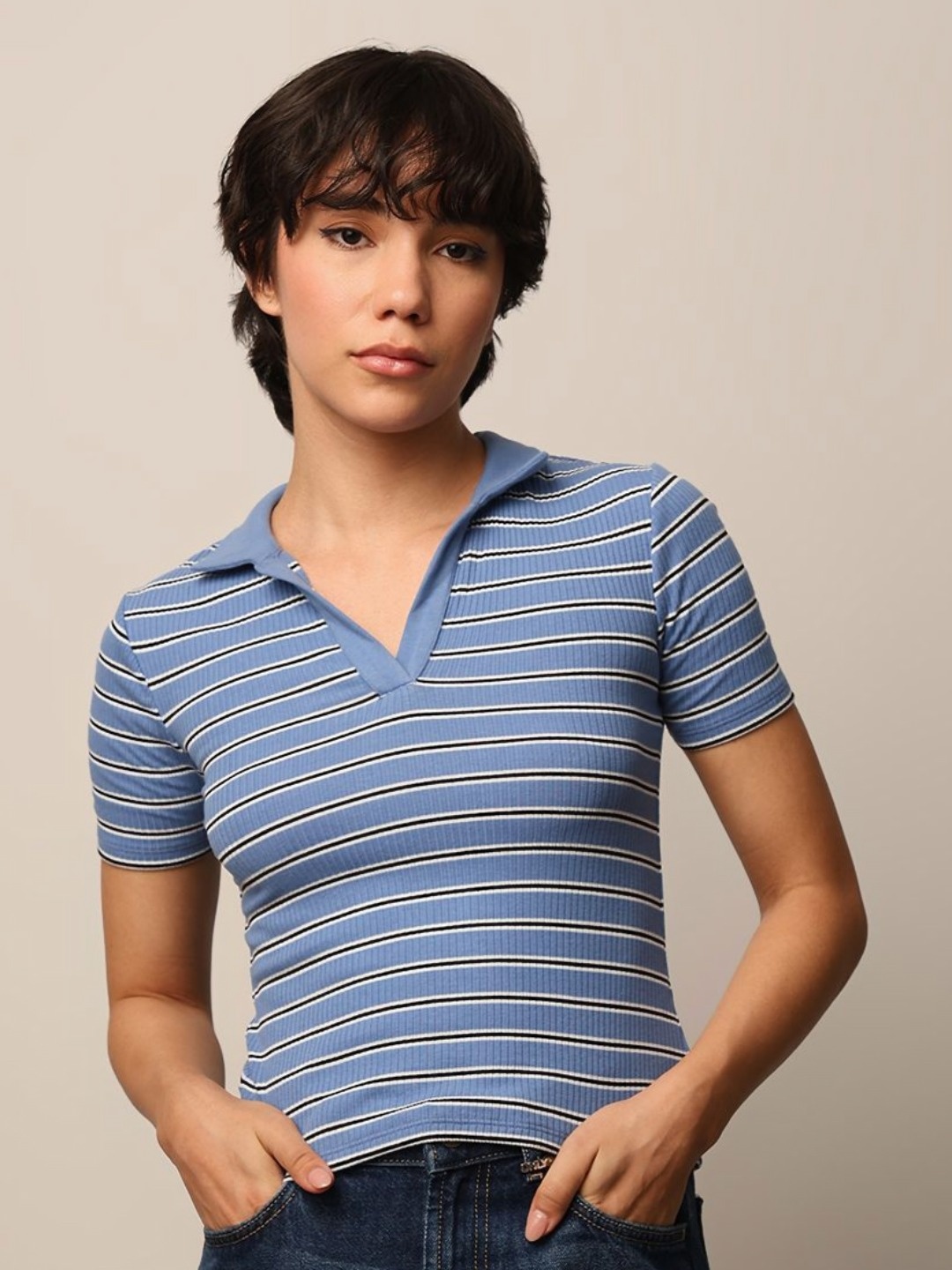 

ONLY Women Striped Polo Collar Slim Fit T-shirt, Blue