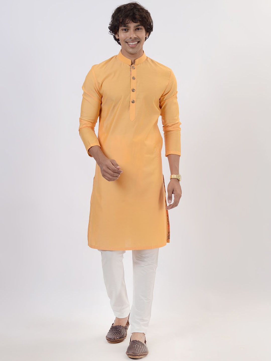 

azania Mandarin Collar Straight Kurta With Trousers, Yellow