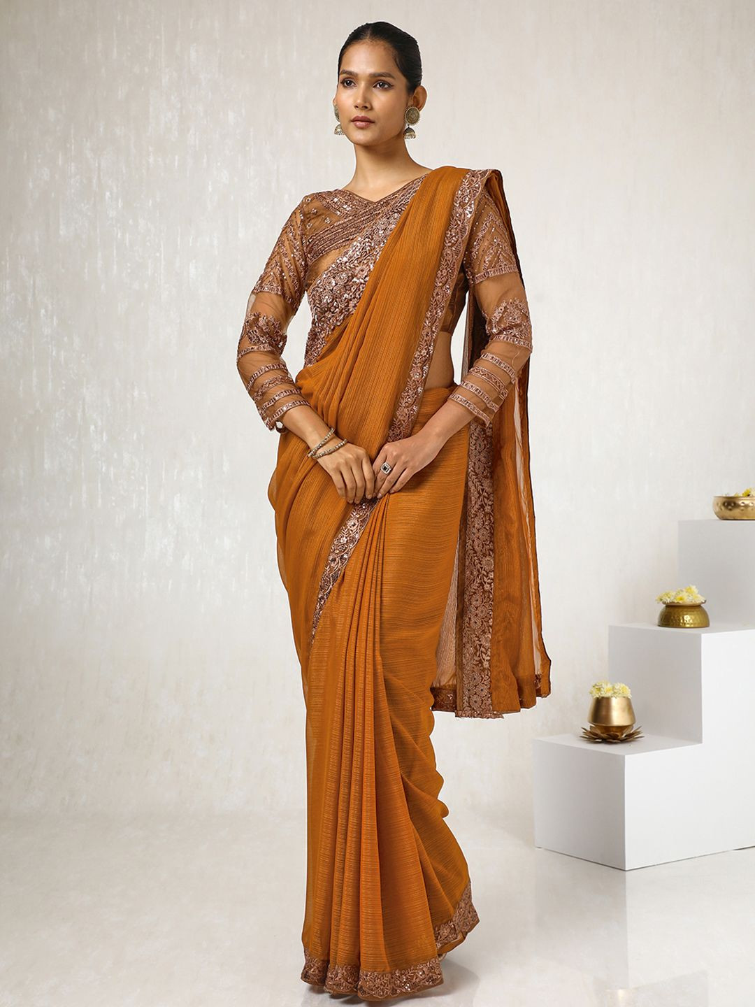 

Soch Floral Embroidered Sequinned Pure Chiffon Saree, Brown