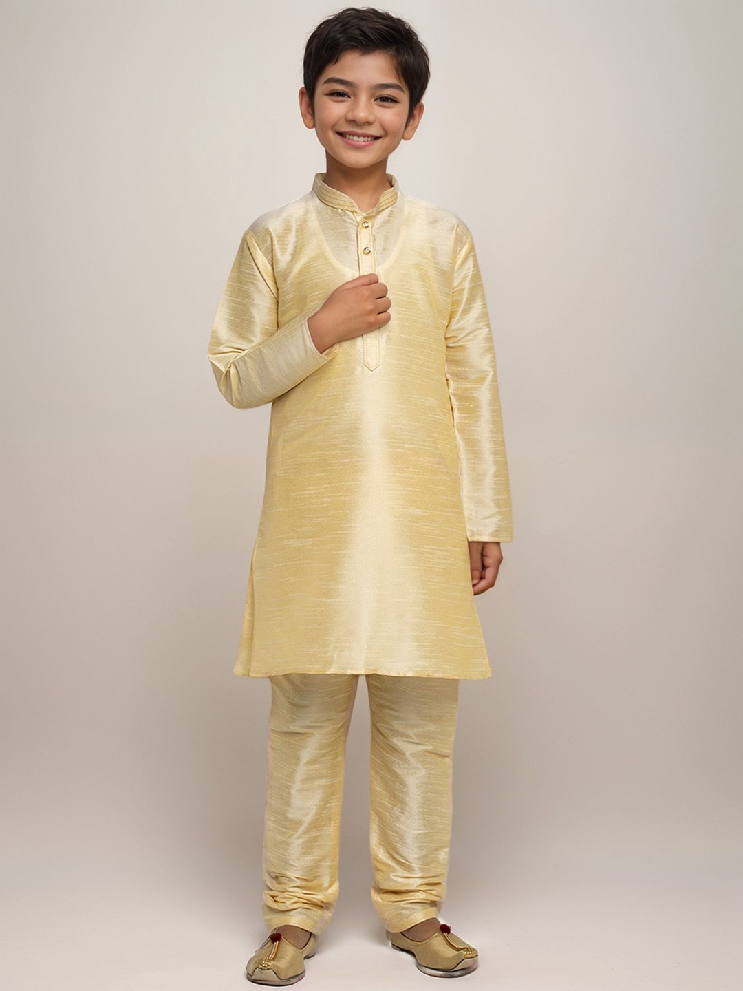 

DEVOILER Boys Mandarin Collar Dupion Silk Straight Kurta, Beige