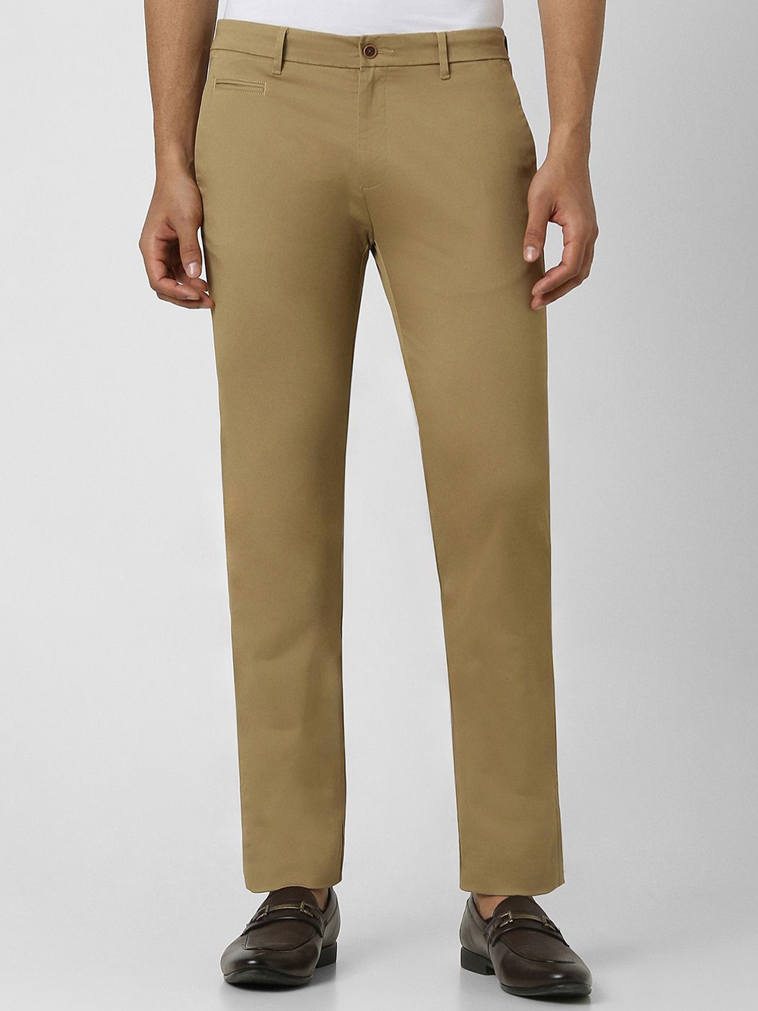 

V Dot Men Cotton Slim Fit Flat-Front Casual Trousers, Khaki