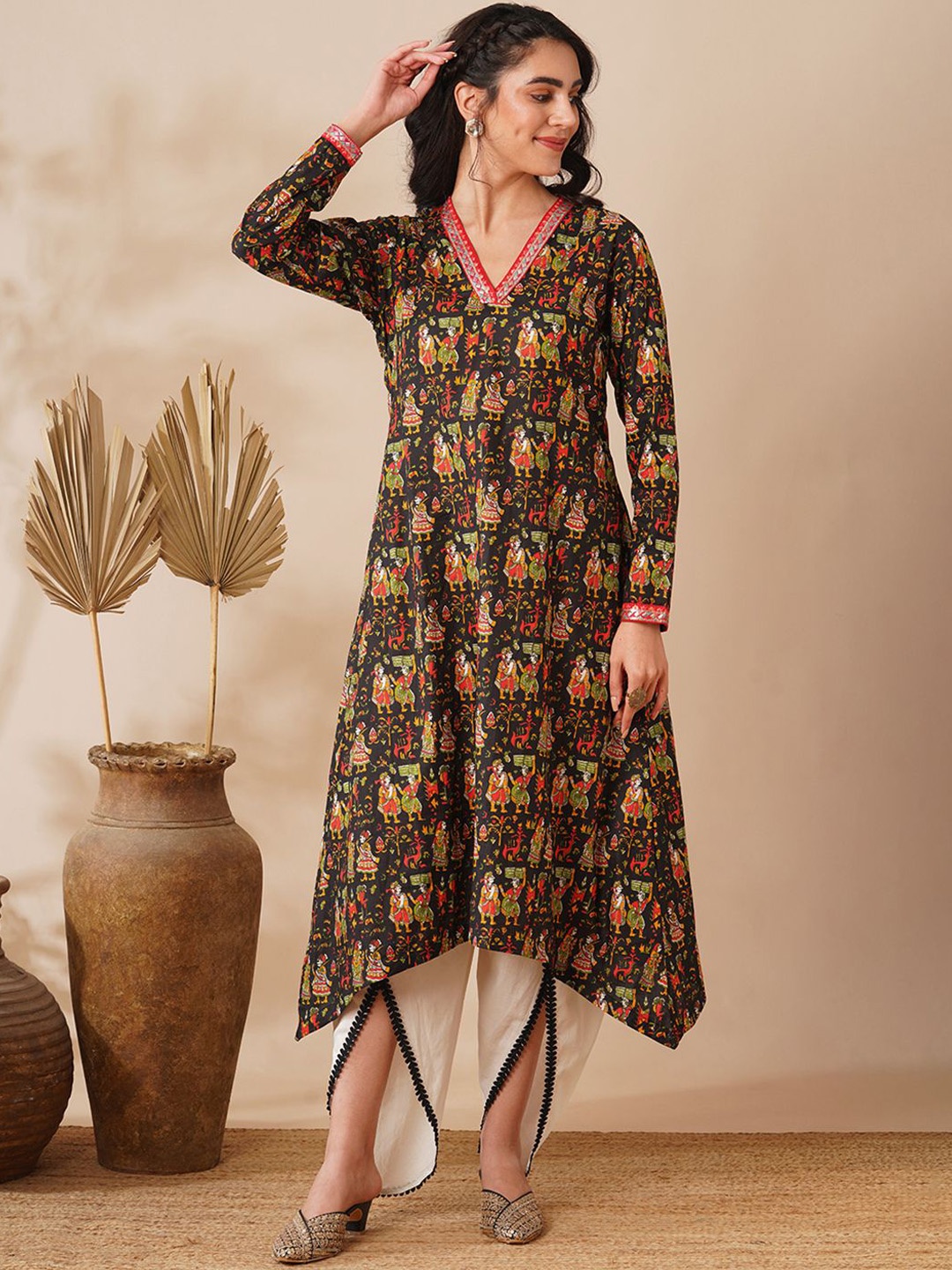 

FASHOR Ethnic Motifs Printed Zari Pure Cotton A-Line Kurta With Dhoti, Black