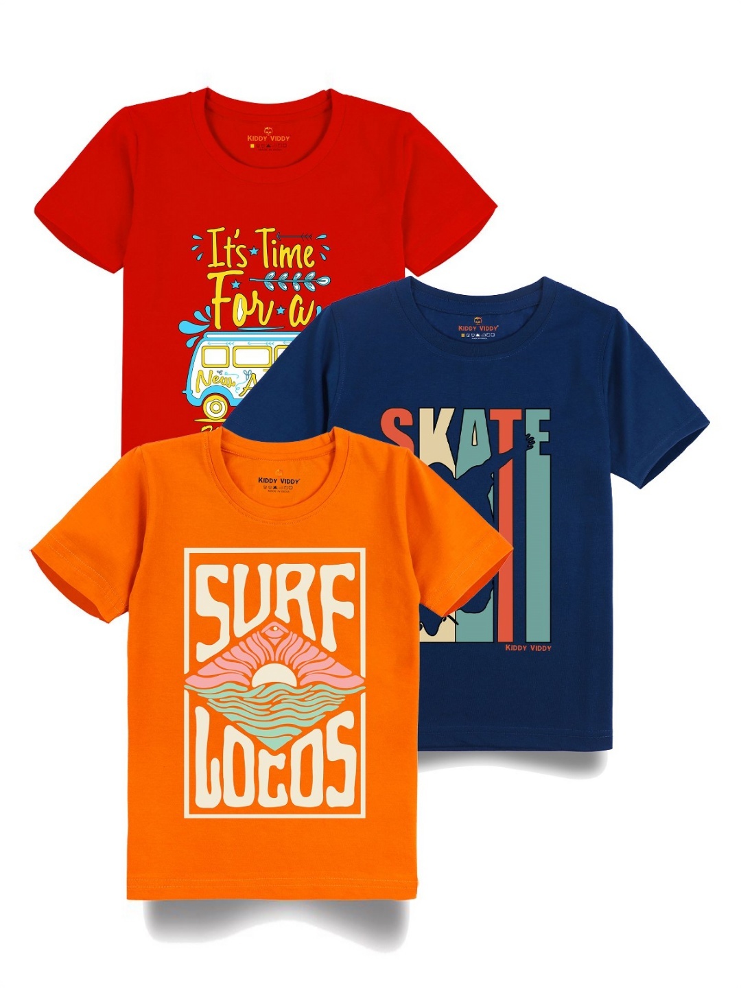 

Kiddy Viddy Boys Pack Of 3 Typography Printed Round Neck Cotton T-shirts, Navy blue
