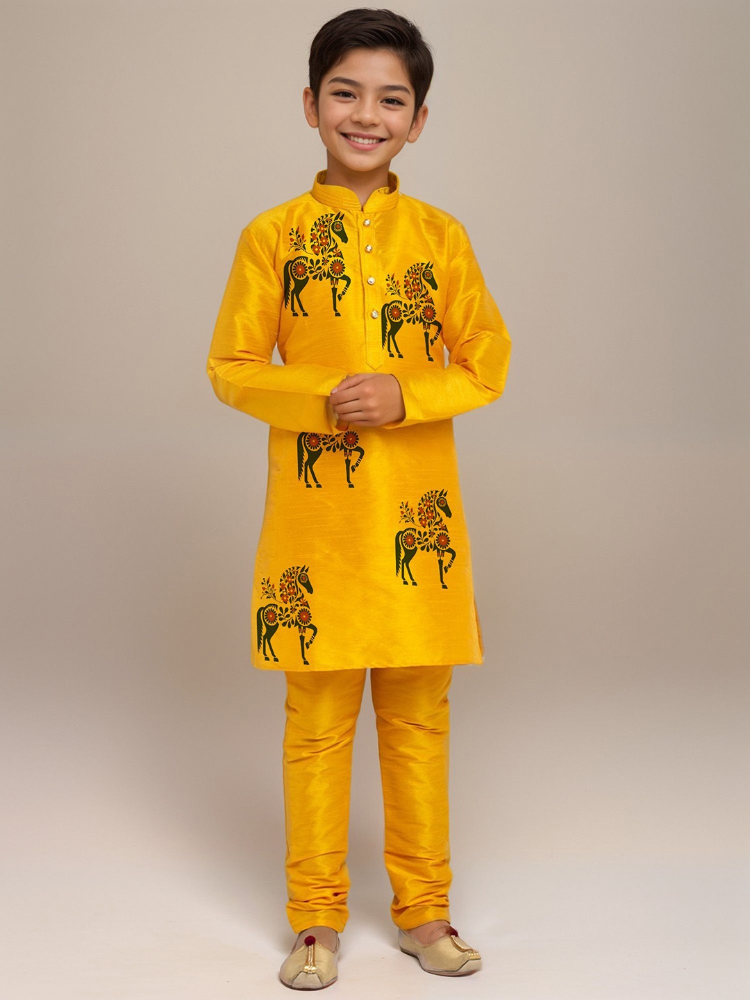 

DEVOILER Boys Ethnic Motifs Printed Dupion Silk Kurta, Mustard