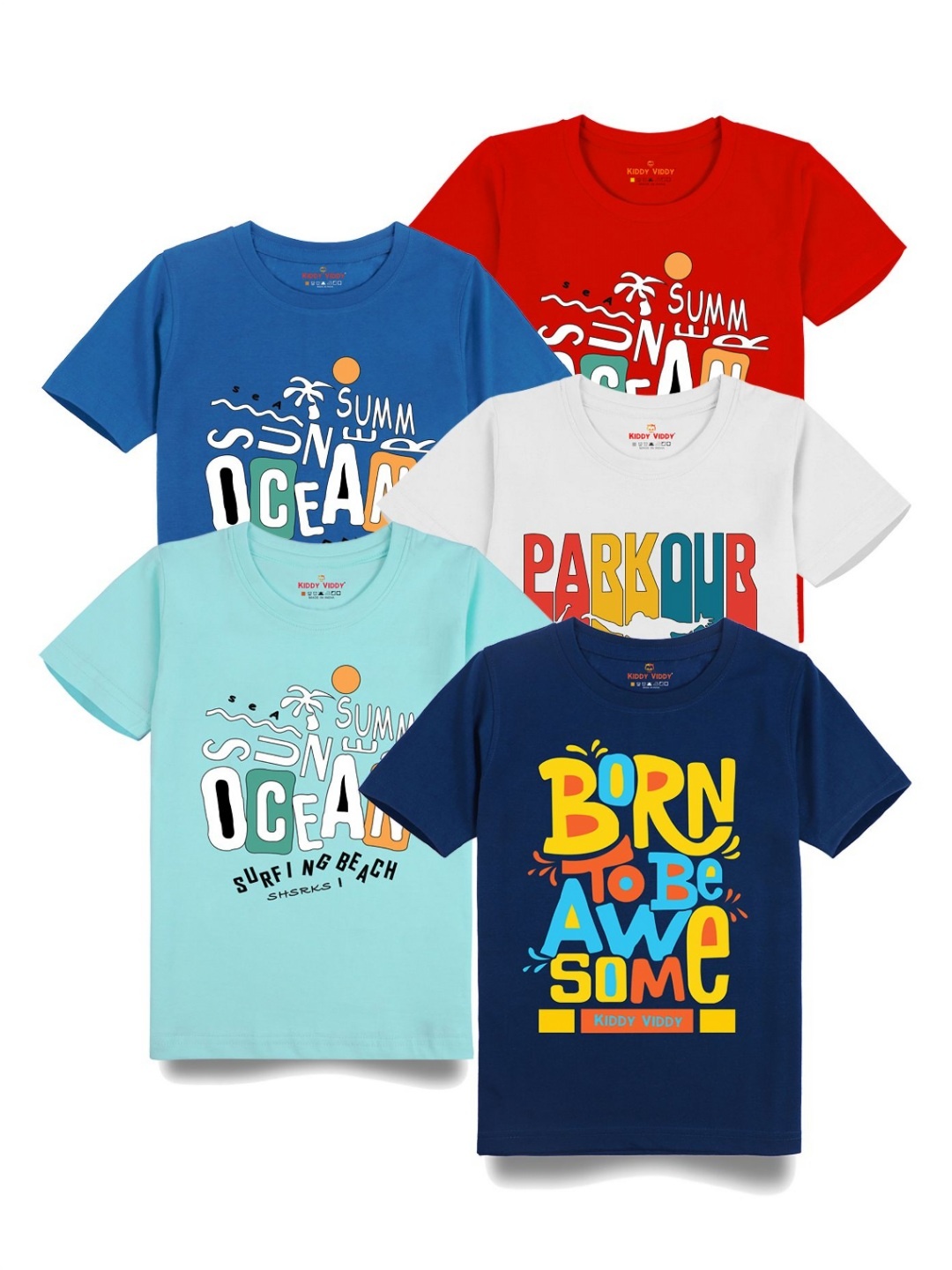 

Kiddy Viddy Boys Pack Of 5 Typography Printed Round Neck Cotton T-shirts, Blue