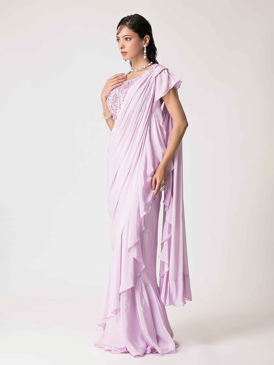

The Front Row Embroidered Pure Crepe Ready to Wear Saree, Lavender