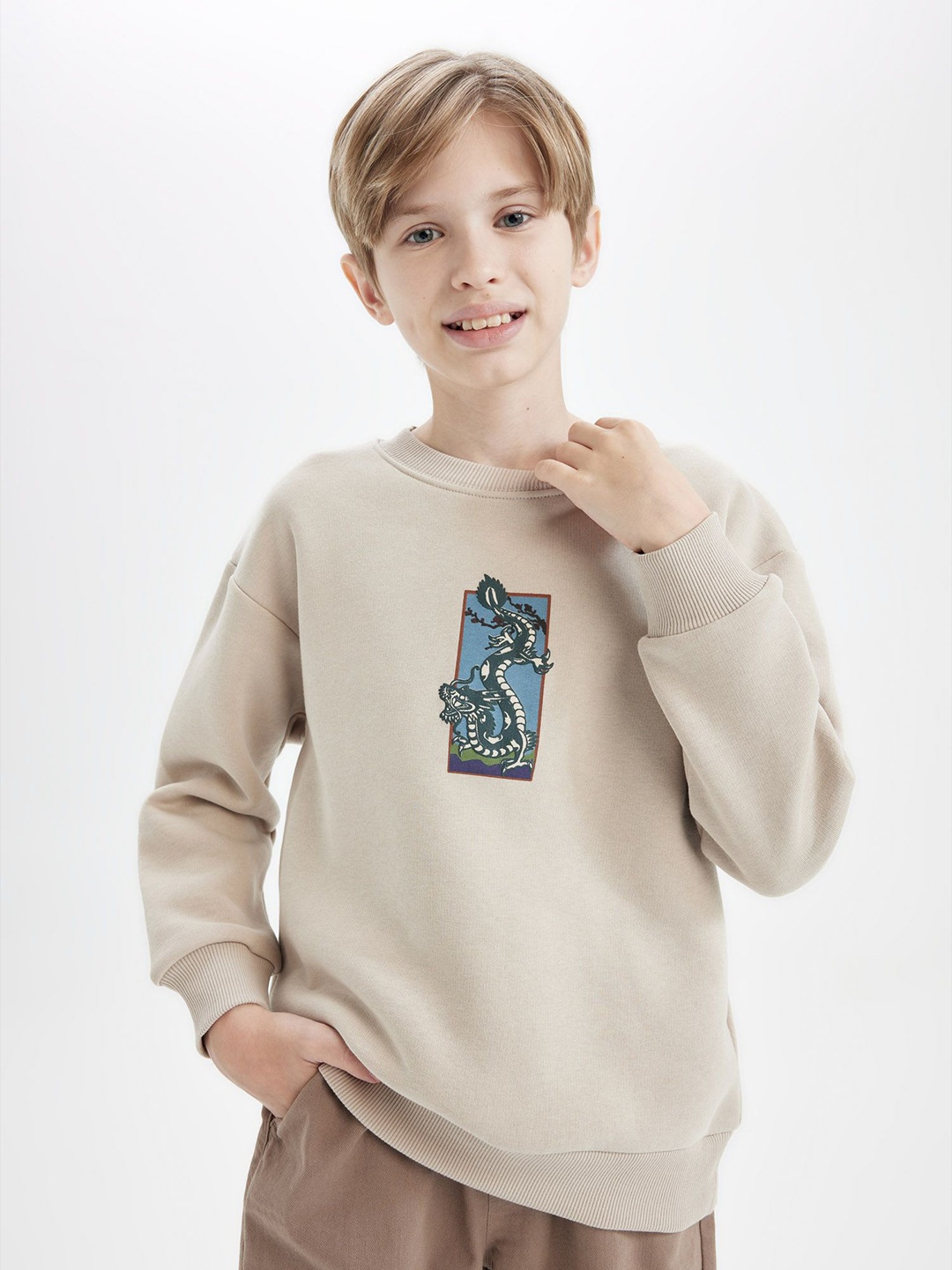 

DeFacto Boys Graphic Printed Pullover, Beige