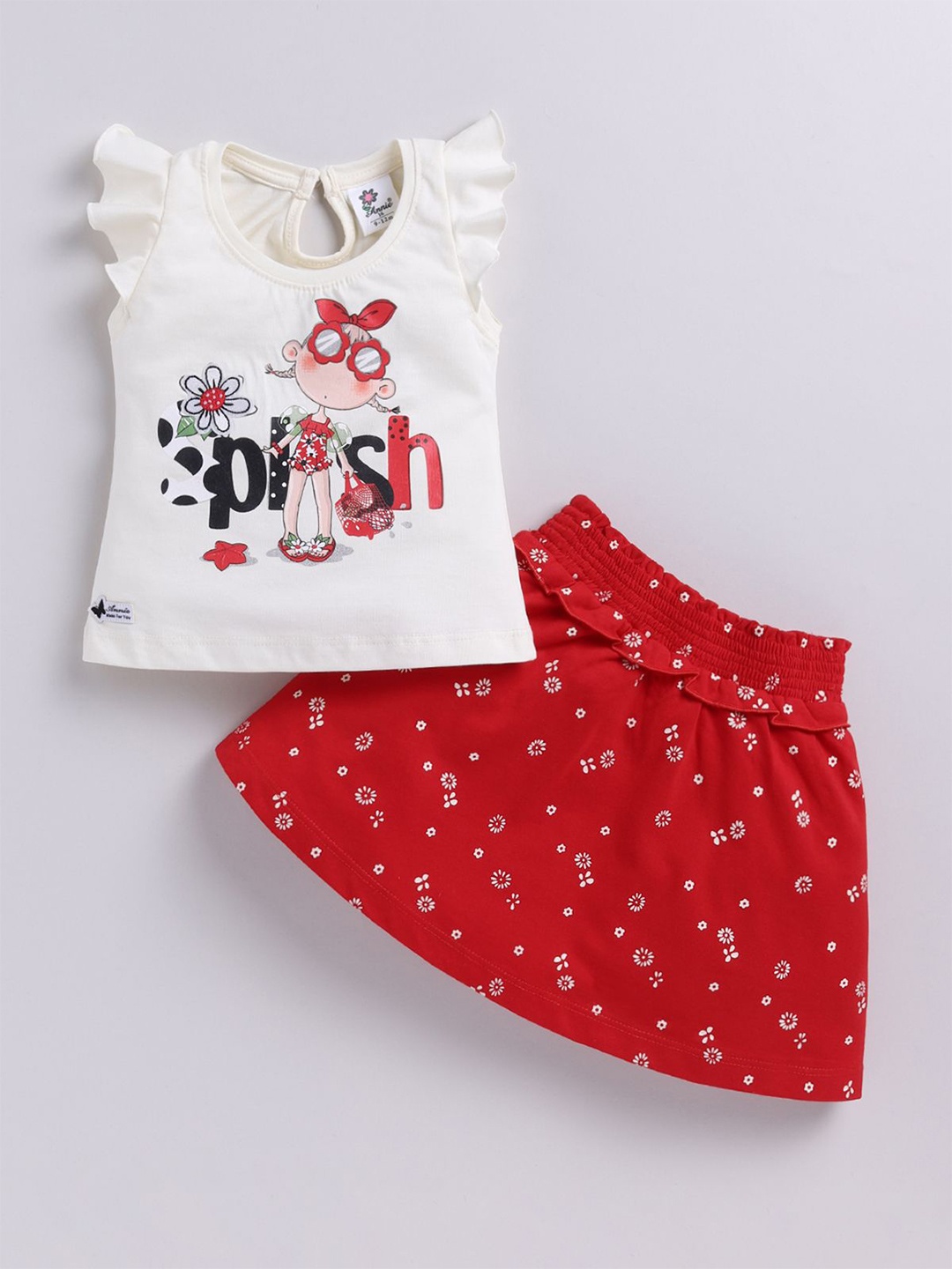 

Annie Girls Printed Round Neck Pure Cotton Top With Skirt, Off white