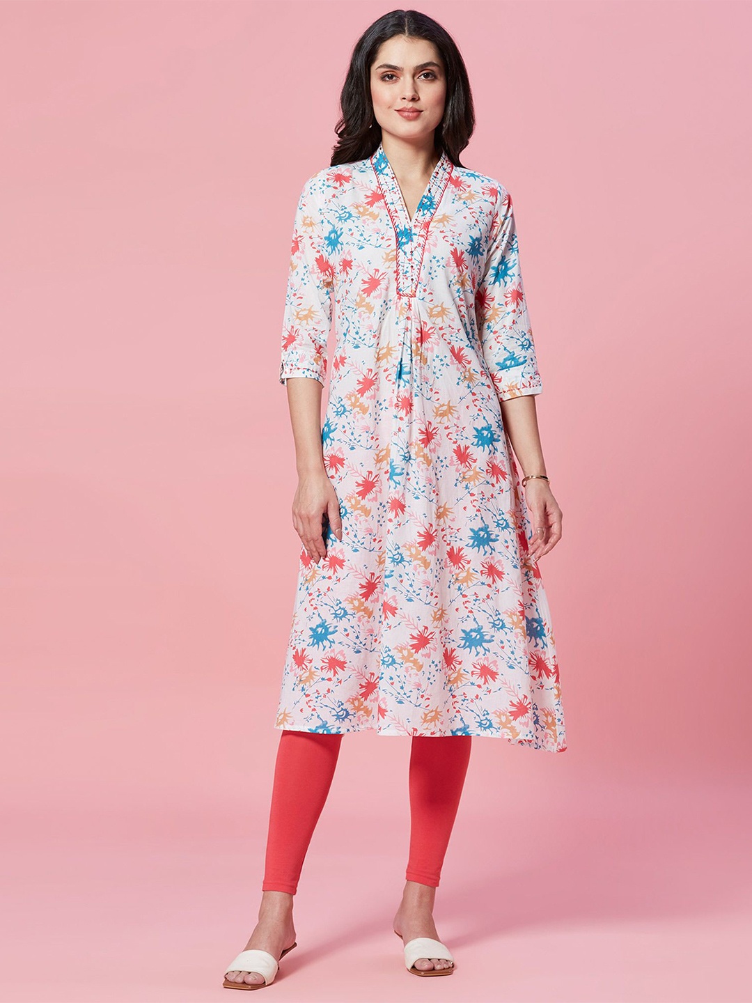 

Peachmode Floral Printed Thread Work V-Neck Pure Cotton A-Line Kurta, White