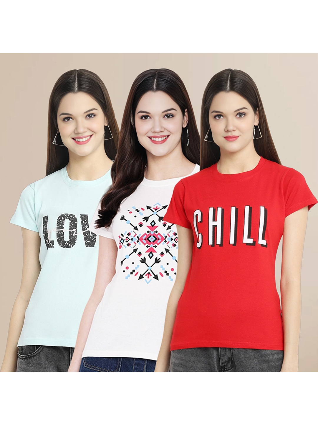 

Metronaut Women Pack Of 3 Typography Printed Round Neck Cotton T-shirts, Off white