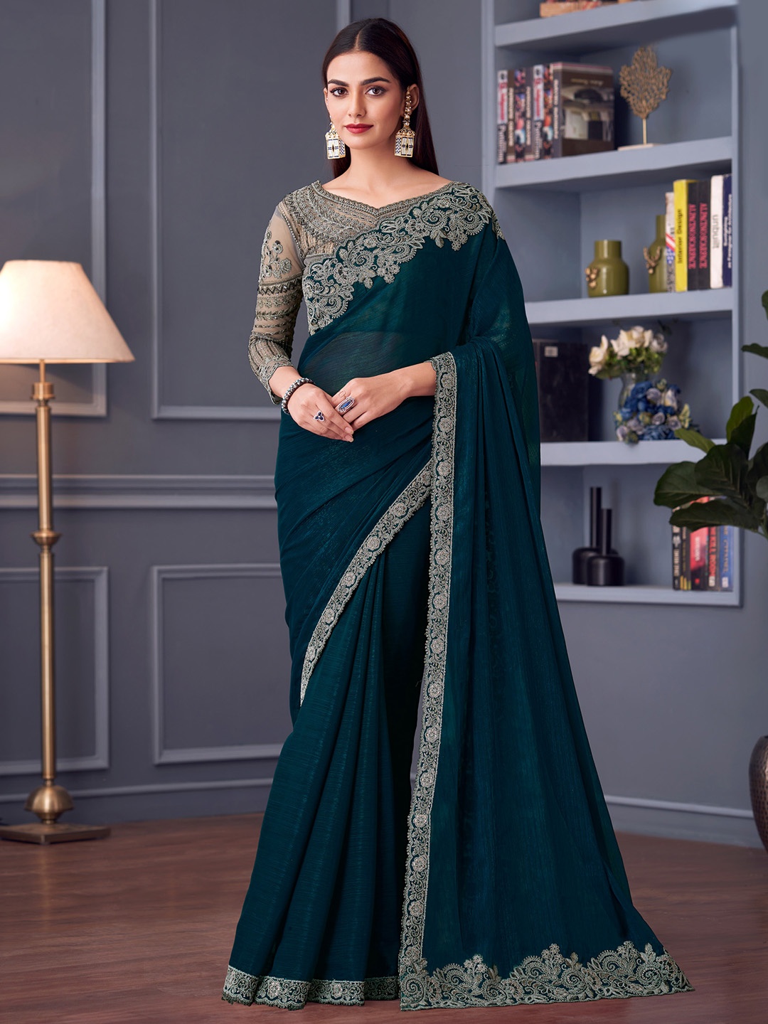 

Mitera Embroidered Pure Georgette Saree, Teal