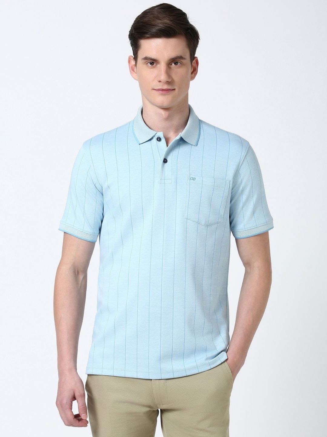 

Peter England Men Striped Polo Collar T-shirt, Blue