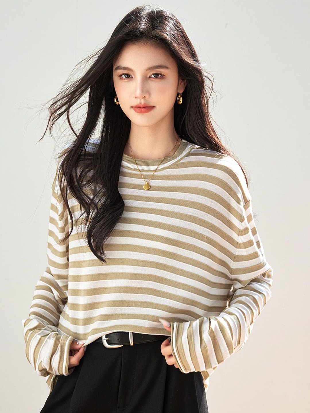 

JC Collection Women Striped Pullover, Brown