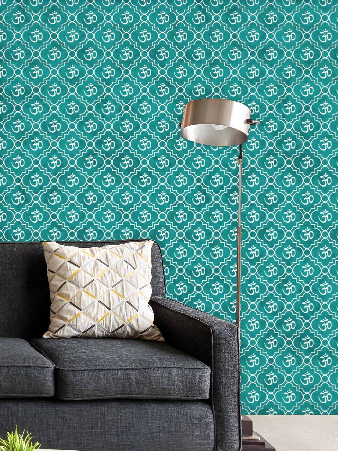 

ArtzFolio Printed UV-Resistant Anti-Bacterial Teal Black Aum Hindu Symbol Peel & Stick Wallpaper, Multi