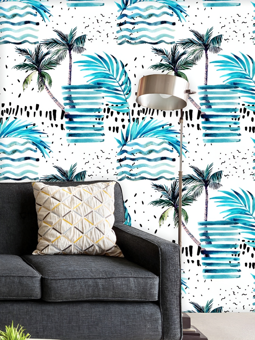 

ArtzFolio Printed UV-Resistant Anti-Bacterial Blue Watercolor Palm, Monstera Leaves Peel & Stick Wallpaper, Multi