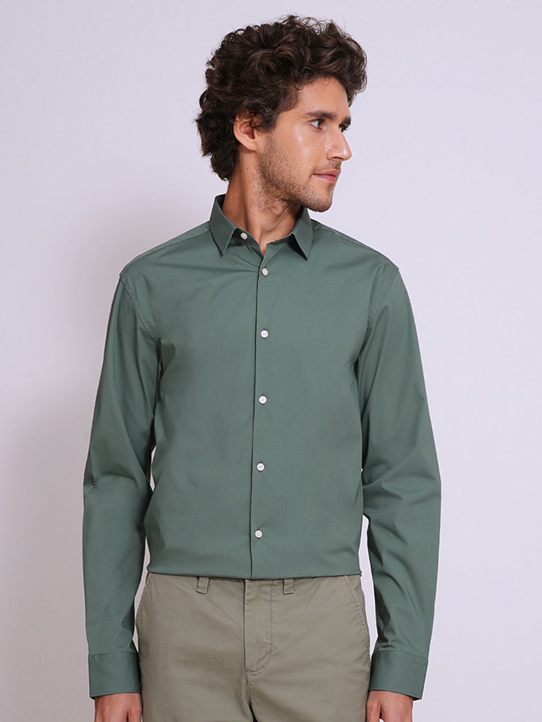 

SELECTED Men Spread Collar Solid Cotton Slim Fit Formal Shirt, Green